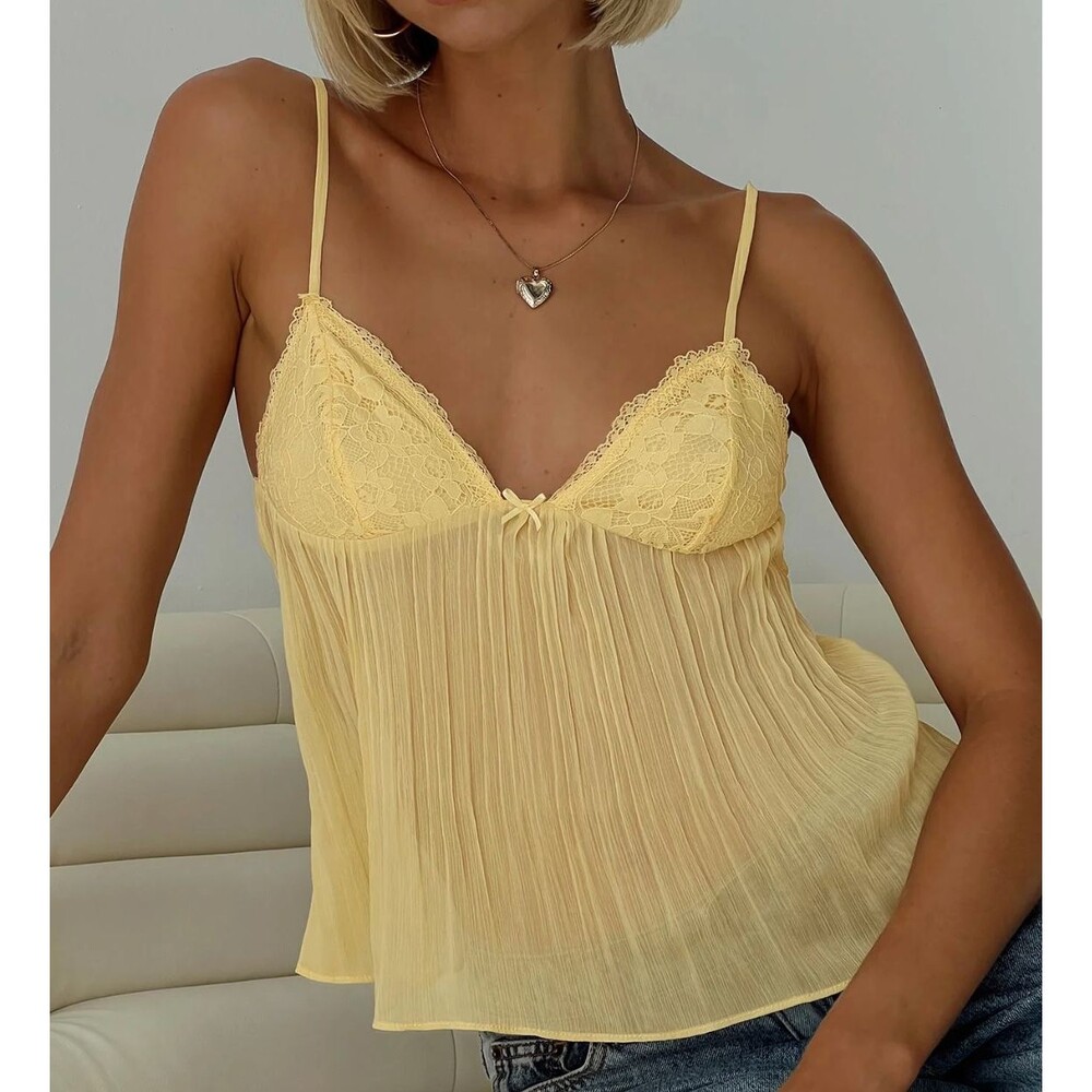 Princess Polly Tank Top zami pleat sheer womens Yellow size 4 feminine going out